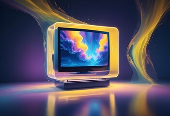 surreal and dreamlike, Ultra-compact, portable television with foldable screen and wireless power charging, saturated, pastel, dreamy atmosphere, liquid psychedelic, monochromatic mockup