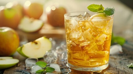 A glass of fresh apple juice with ice cubes, garnished with a slice of green apple and mint leaves.