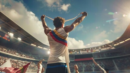 Triumphant Athlete Celebrates Victory on Winner's Podium at Packed Stadium Event