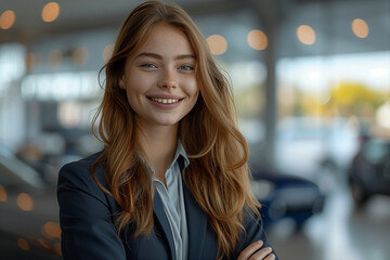 Fototapeta premium Caucasian female salesman smiling with confidence in sports car showroom.