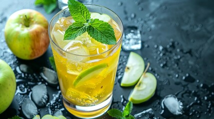Fototapeta premium A glass of fresh apple juice with ice cubes, garnished with a slice of green apple and mint leaves.