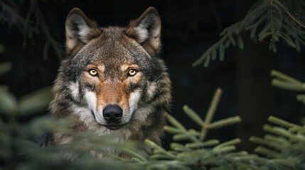 Obraz premium Majestic wolf with piercing eyes hidden in dense forest foliage, capturing the essence of wild nature and animal strength.