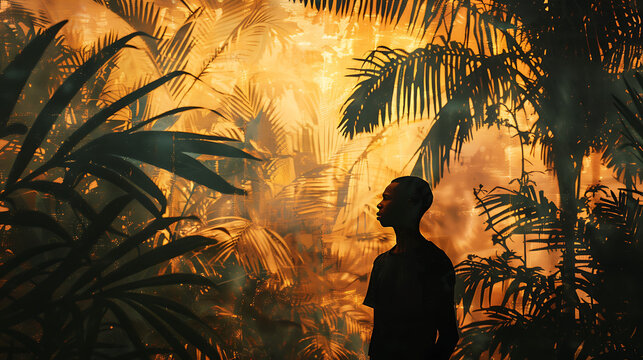 Silhouette of an African man navigating dense jungle foliage, evoking mystery and adventure in a natural setting, captured in striking contrast and atmospheric lighting