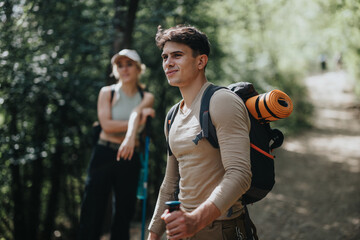 Young hikers enjoying a nature trail on a sunny day, equipped with backpacks and hiking gear, taking a break in a forest setting.