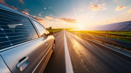 Obraz premium Electric Car Driving on Sunlit Road with Solar Panels Integration - Sustainable Transportation Design