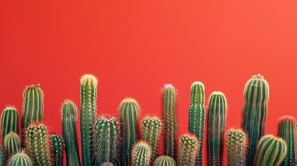 Vibrant Collection of Various Cacti Against a Bold Red Background for Modern and Minimalist Decor