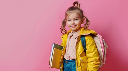 Little girl in school uniform, backpack and books on pink backdrop, yellow jacket, pastel colors, studio shot, cheerful mood.