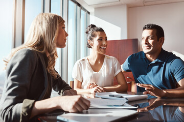 Couple, document and talking with investment advisor for financial planning, compliance and agreement. Office, consultant and married people with paperwork for budgeting, saving and future goals