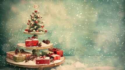 Vintage style Christmas card with presents tree and snow on wooden tiered stand Retro toned text space available