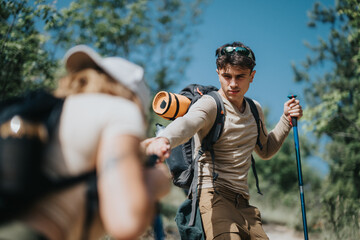 Young couple hiking in the forest, with one person offering help to the other on the trail. Outdoor adventure and teamwork concept.