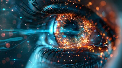 Close-Up of Futuristic Human Eye with Digital and Technological Elements in a Sci-Fi Setting