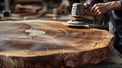 Obraz premium A man is sanding a piece of wood with a sander. Generate AI image