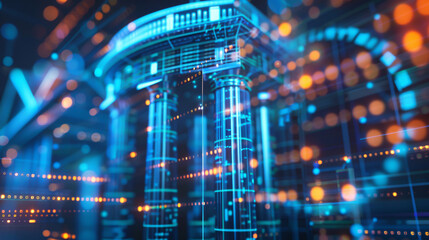 Digital banking, virtual banking, and digital currency, with a man interacting with a virtual bank interface amidst financial data networks, decentralized finance (DeFi), fintech, cybersecurity