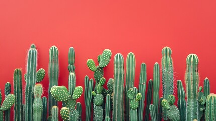 Vibrant Green Cacti Against Bold Red Background - Minimalist Nature Photography