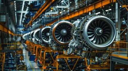 Fototapeta premium Panoramic View of Jet Engine Assembly Line - Aviation Engineering and Manufacturing Process