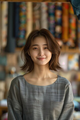 Asian female tailor smiling with confidence in fashion tailor shop.