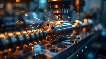 Industrial CNC Machine in Action with Sparks Flying in a Modern Manufacturing Facility