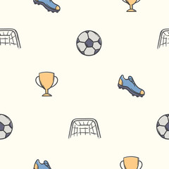 Simple seamless pattern with football attributes, sneakers, ball, goal and winner's cup. Repeating background for the design of a sports hall, stadium. Design for banner, signboard, poster
