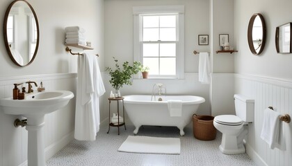 Fototapeta premium A stylish small bathroom with a clawfoot tub, a pedestal sink, a round mirror, and a shelf with folded towels.