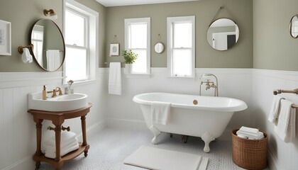 A stylish small bathroom with a clawfoot tub, a pedestal sink, a round mirror, and a shelf with folded towels.