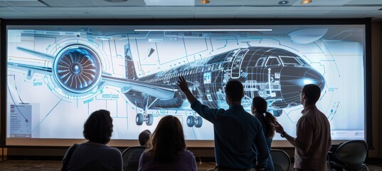 Engineers Presenting Innovative Aircraft Design to Stakeholders Using Interactive 3D Projection System