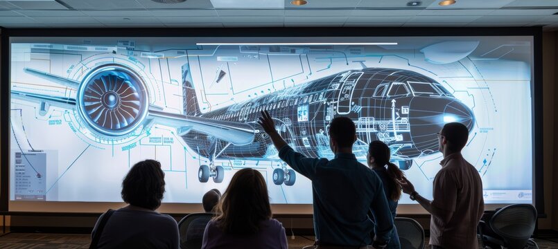 Engineers Presenting Innovative Aircraft Design to Stakeholders Using Interactive 3D Projection System
