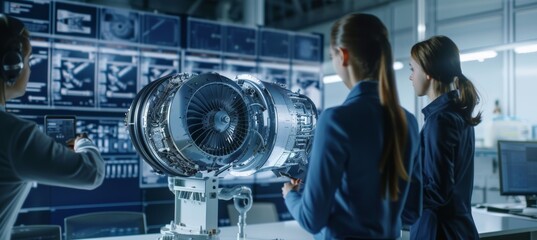 Fototapeta premium Engineers Discuss Design of Next-Generation Aircraft Engine in High-Tech Conference Room