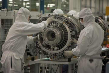 Technicians Assembling High Bypass Turbofan Engine Core in Cleanroom Environment