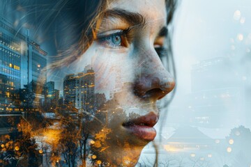 Double Exposure of Woman's Face and Cityscape