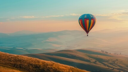 Obraz premium A hot air balloon is flying over a mountain range. Generate AI