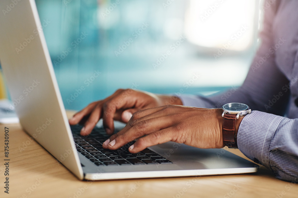 Canvas Prints Businessman, desk and hands typing on laptop for productivity, planning schedule and admin in office. Male attorney, fingers and computer for web research with legal case, info and advice at law firm