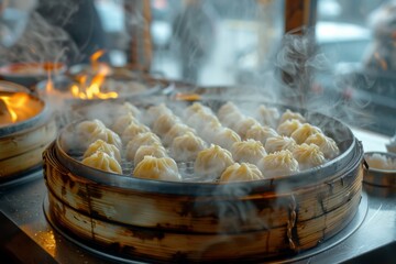 Steaming Dumplings in Bamboo Steamer