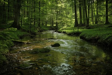 Obraz premium Tranquil Forest Stream in Sunlight