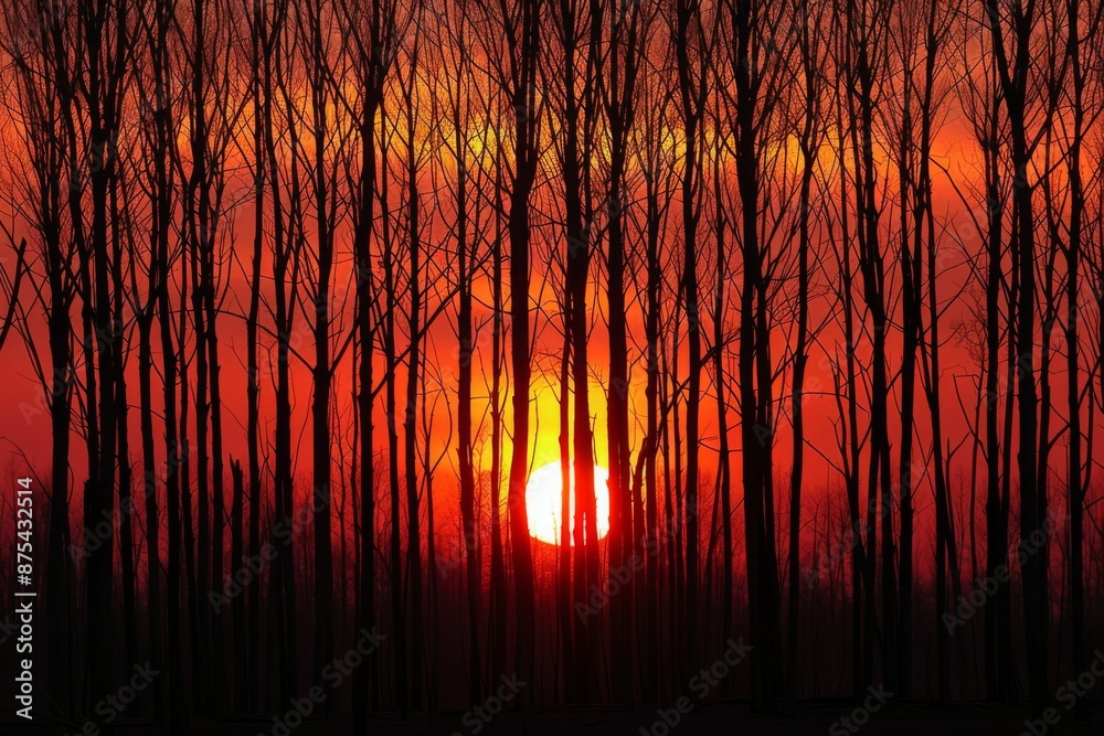 Sticker sunset through bare trees