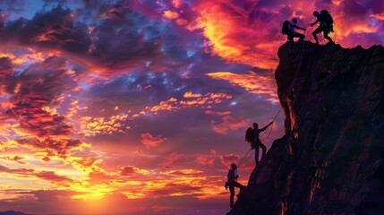 Sunset Climbing Adventure Silhouetted Against a Vibrant, Serene Sky for Inspirational Designs