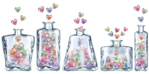 Seamless border of transparent glass bottles with pearl multicolor hearts. Watercolor illustration of love potion for Valentine's day, wedding, interior decor, aromatic oils, alcohol, alchemy, cooking
