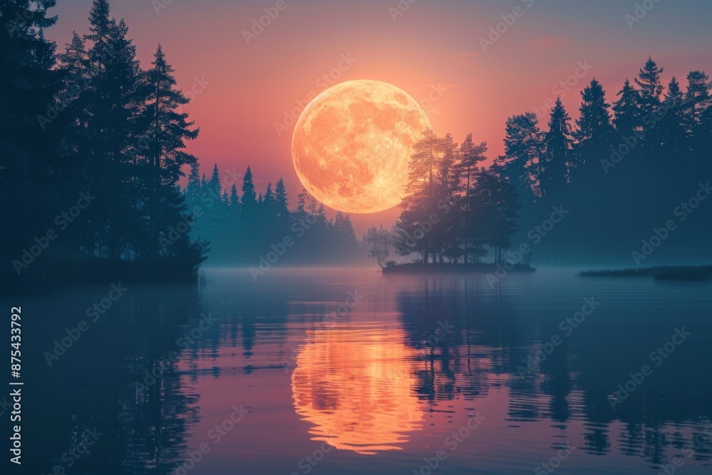 Canvas Prints full moon over tranquil lake at sunset