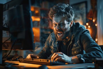 Obraz premium Angry Man Yelling at Computer
