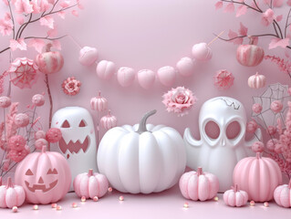 Pastel Pink Halloween Decor with Pumpkins, Ghosts, and Spider Webs, Festive Fall Background