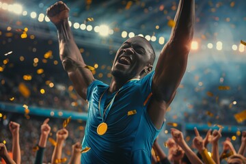 Dynamic Athlete Celebrating Gold Medal Victory in Stadium with Cheering Spectators