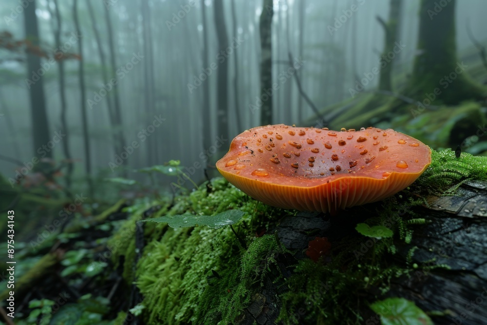 Sticker orange mushroom in misty forest