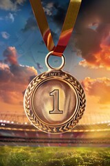 First Place Gold Medal at Sunset Over Stadium for Championship Victory and Achievement Themes
