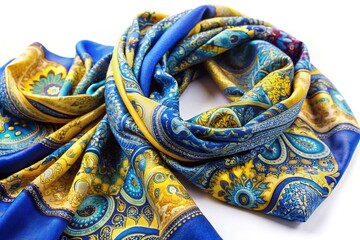 Obraz premium Vibrant blue and yellow scarf featuring intricate patterns of swirling shapes and delicate lines, beautifully textured and folded to showcase its ornate design.