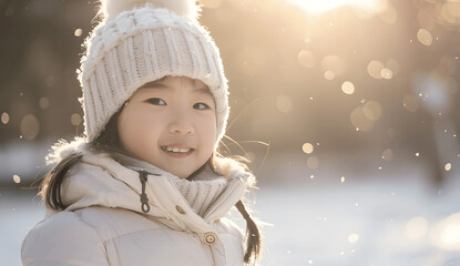  A little girl wearing a white hat and down jacket .Created using generative AI
