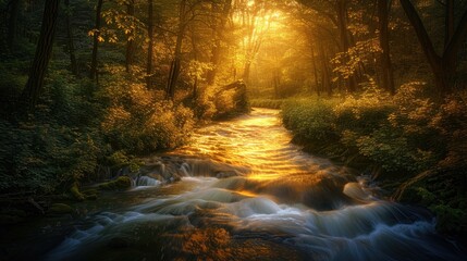 A tranquil river flowing through a dense forest at sunset, with golden light filtering through the trees.
