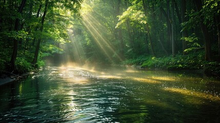 Fototapeta premium A tranquil river flowing through a dense forest, with sunlight filtering through the canopy and reflecting off the water.