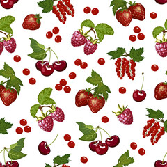 Vector pattern of red berries.Ripe red berries on a white background in a colored pattern.