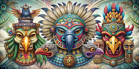 mayan aztec totems, ancient mexican, birds, animals
