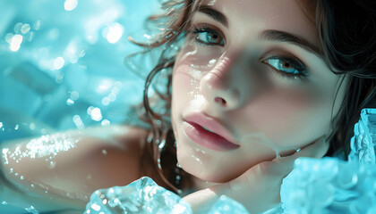 beautiful women in ice bathtub full of cubes profess. Created using generative AI