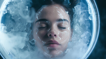 beautiful women inside round cryogenic tank full of ice .Created using generative AI